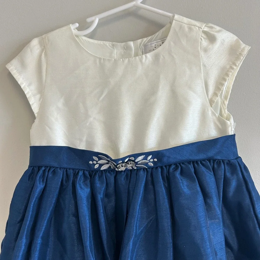 Gymboree‎ Girls Cream & Navy Blue Rhinestone Bow Dress 3T Special Occasion Party